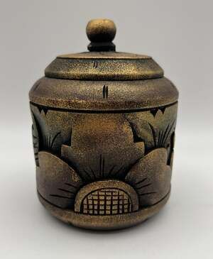 Novica Handmade Sarwaedi Carved Wooden Golden Sunrise Floral Box 5.5” Signed